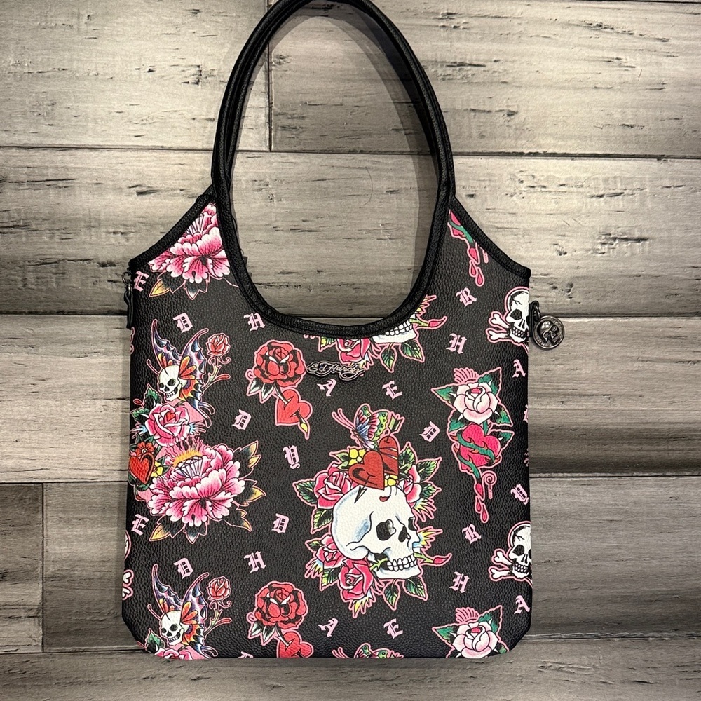 Ed Hardy Black Shoulder Bag with Pink and Red Floral Skull Print